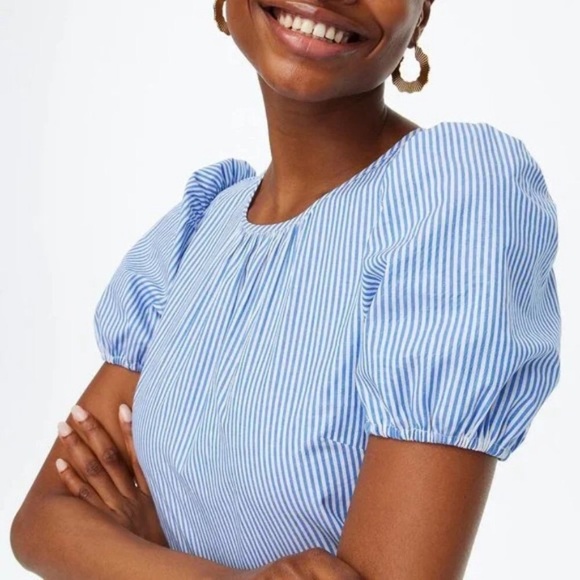 J. Crew blue and white stripe poplin puff sleeve tiered midi dress, size 16 - Picture 4 of 8